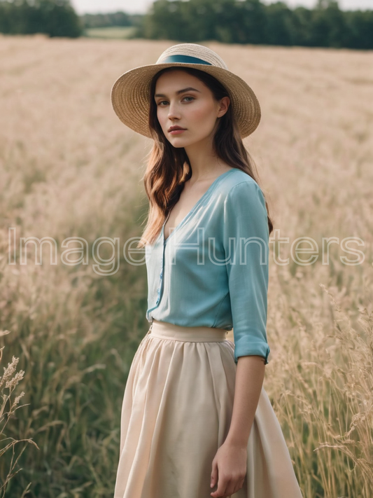 Girl stands in sunny field, wearing skirt and hat