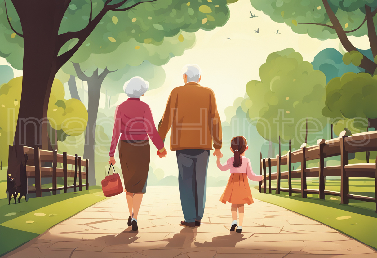 Grandparents and Granddaughter Strolling in Park Illustration