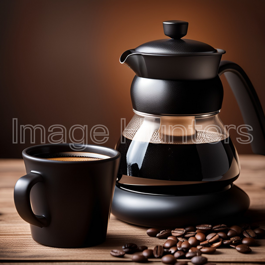 A dark kettle and a hot cup of coffee