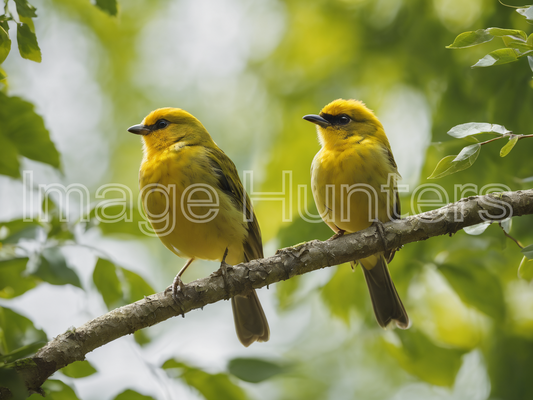 Two golden birds on a green branch