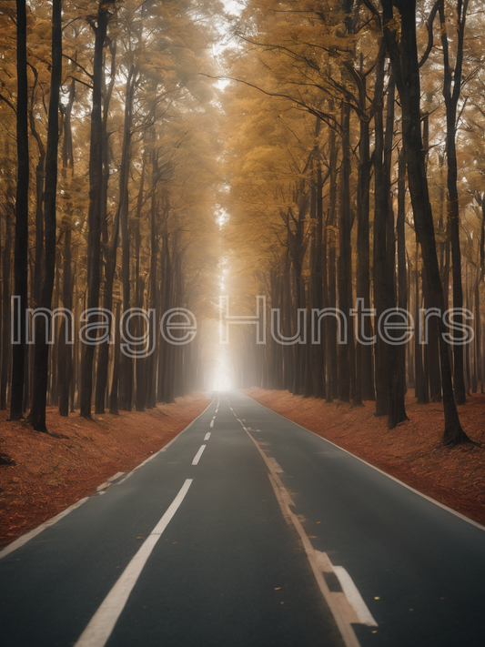 A Quiet Forest Road with Trees on Either Side