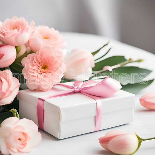 A gift and flowers on a table