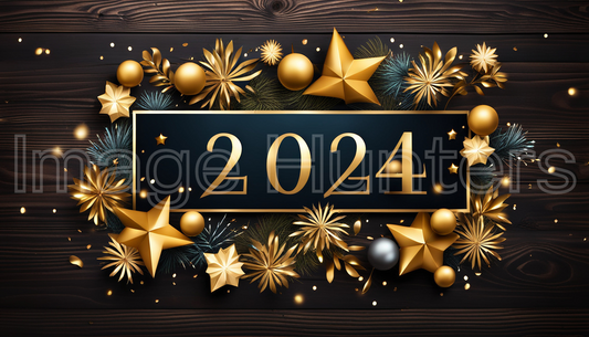 2024 and New Year Decor on Dark Wooden Background