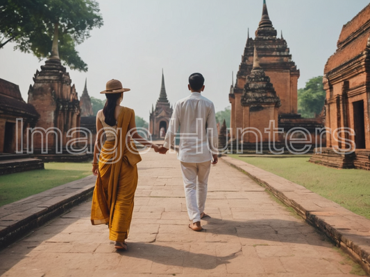 Couple's hand-in-hand visit to Sukhothai's Wat Mahathat Temple in Thailand