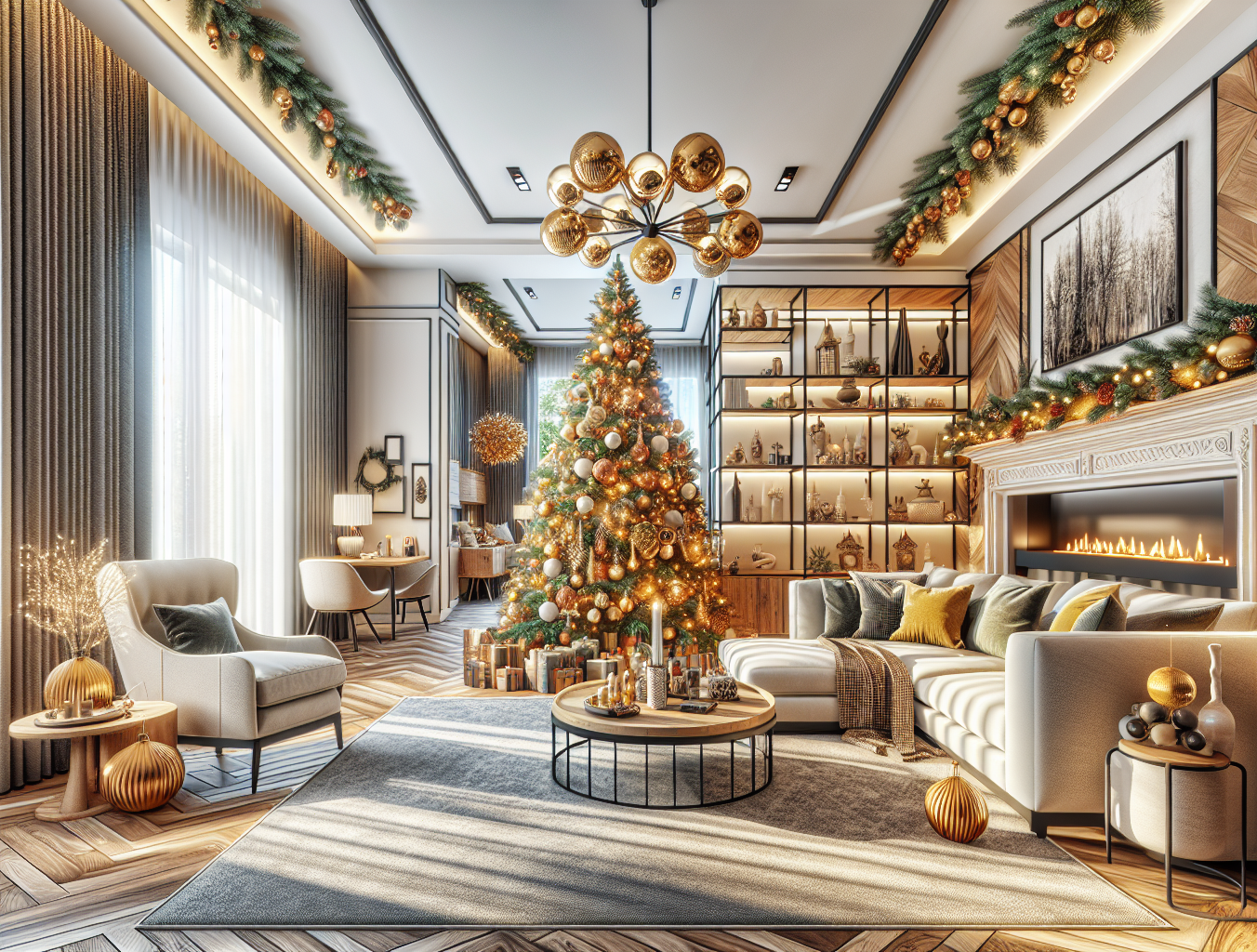 A living room design with beautiful Christmas decorations.