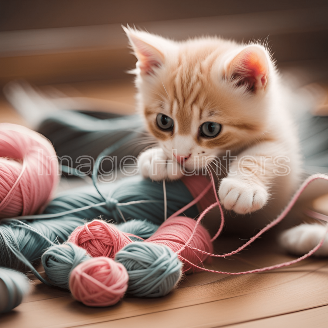 Kitten playing with yarn