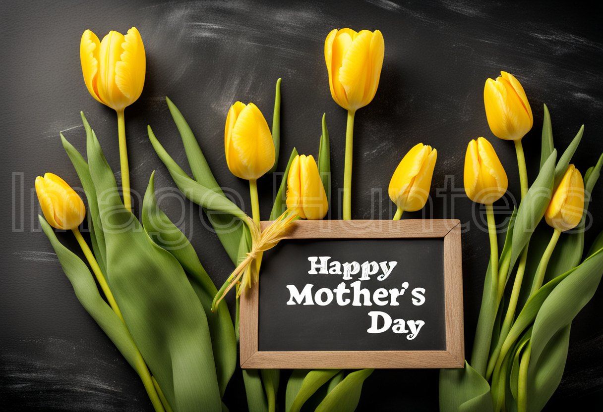 Happy Mother's Day on Chalkboard with Yellow Tulips