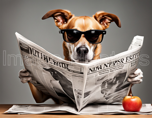 Dog with Sunglasses Reading Newspaper