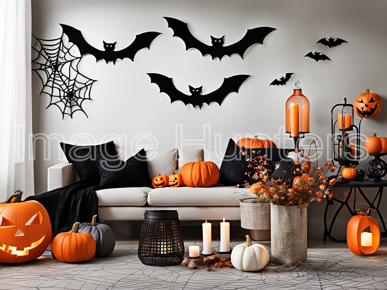 Halloween Living Room Decor with Pumpkin Cushion on Sofa