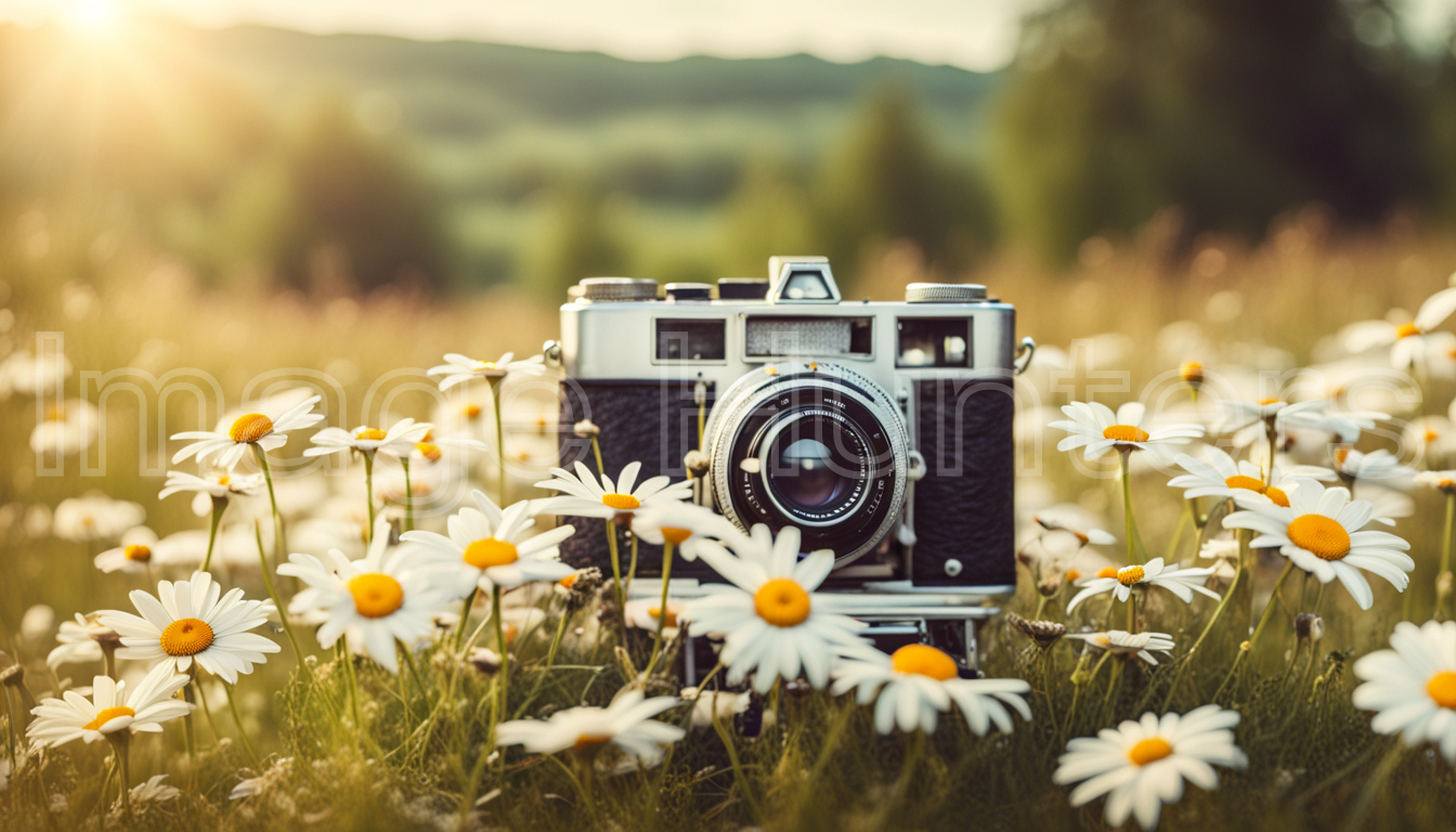 Vintage Camera Amidst Daisy Flowers