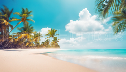 tropical beach vista with blue sky and white clouds