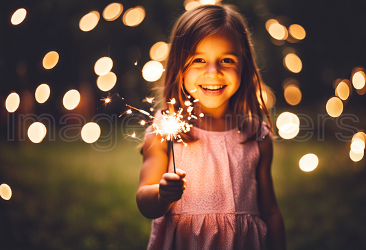 Little girl holds a sparkling sparkler against a blurry