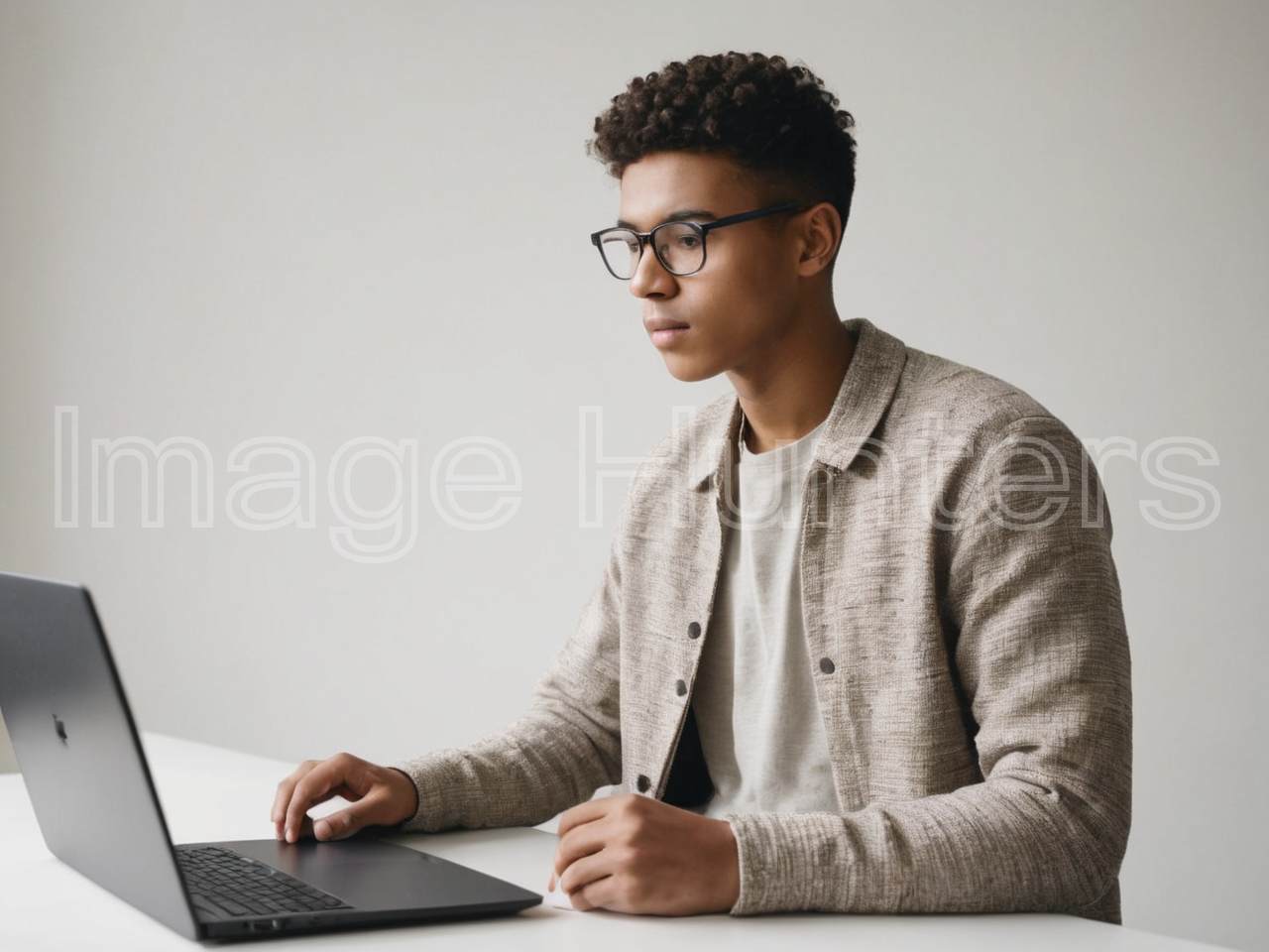 Young Man Studying on Laptop with Clean White Background