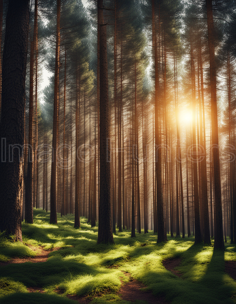 sunlight filtering through dense pine forest