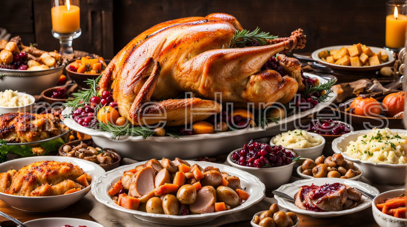 Thanksgiving Feast with Roasted Turkey and Abundant Sides