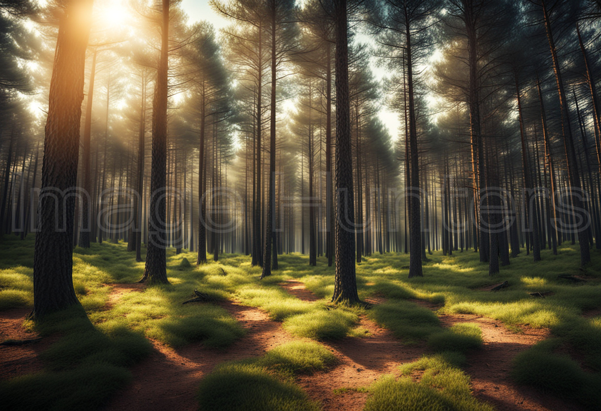 Sunlight Filtering Through Dense Pine Forest