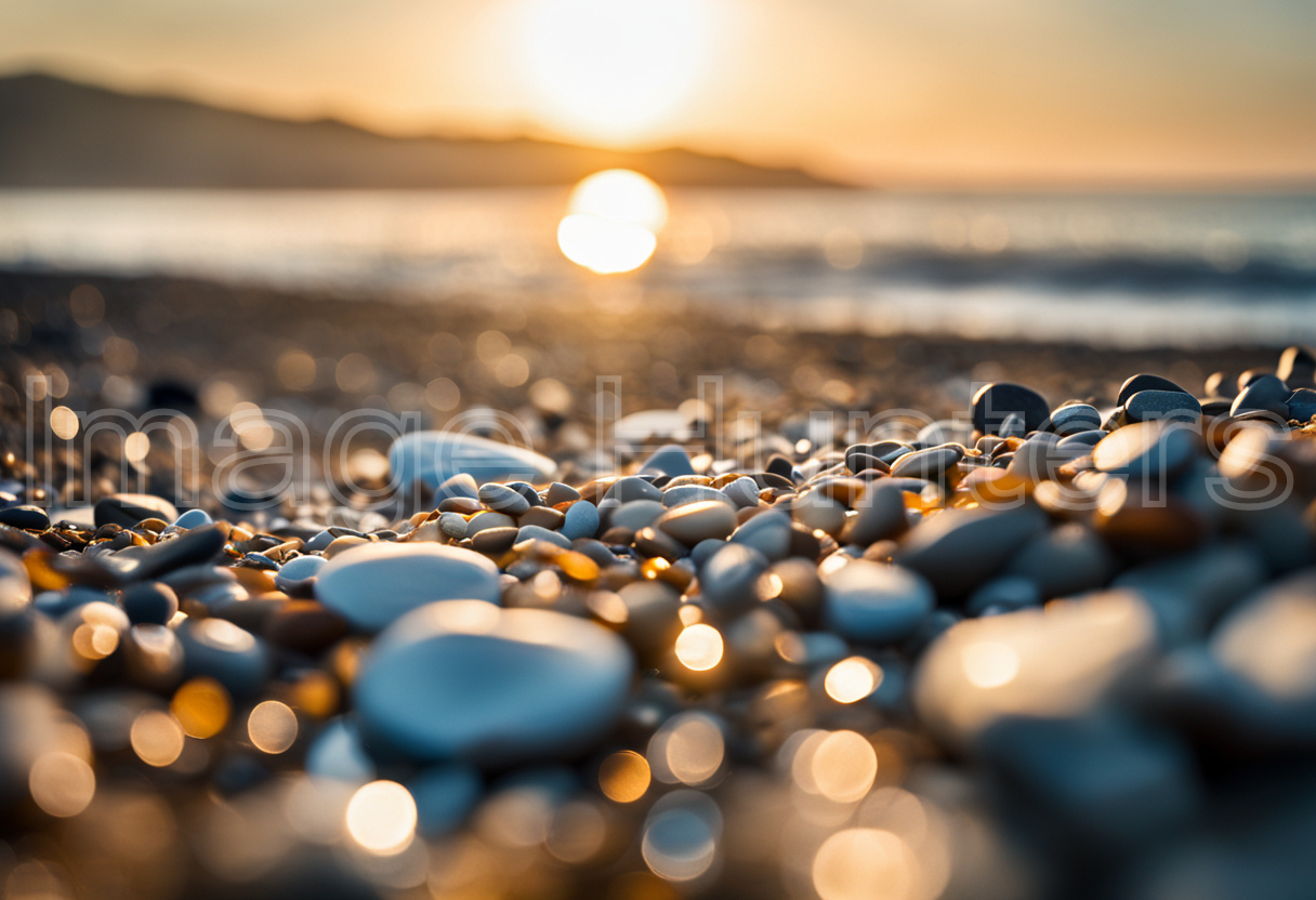 Close-up of pebble beach with sunlit sea in background