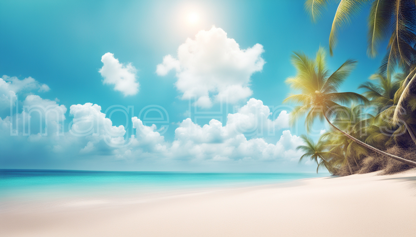 tropical beach vista with blue sky and white clouds