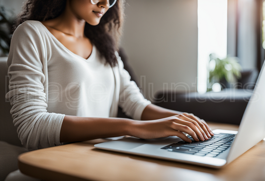 Close-up midsection view of a girl working on a laptop in a cozy, home workspace setting.