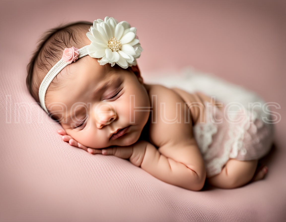 Newborn Girl with Headband Peacefully Sleeping