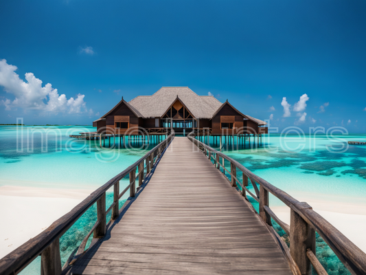 Maldives Waterfront House on Water and Wooden Bridge