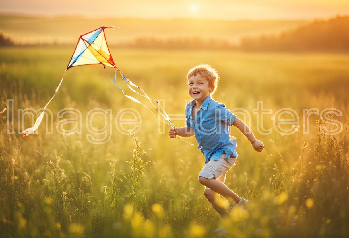 Little Boy with Kite Running in Sunny Meadow