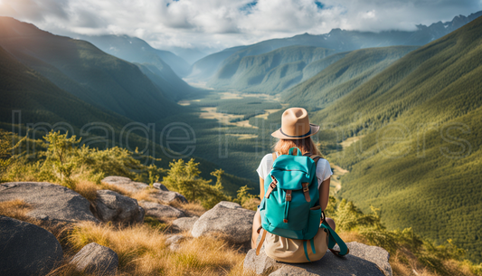 woman with a backpack sits serenely on a mountain peak