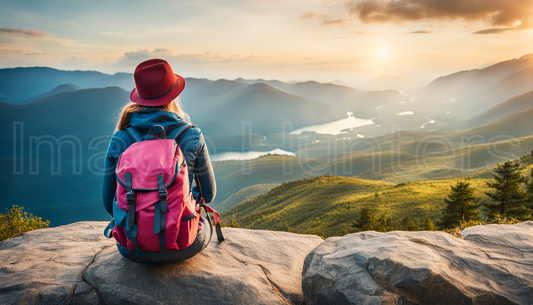 woman with a backpack sits serenely on a mountain peak