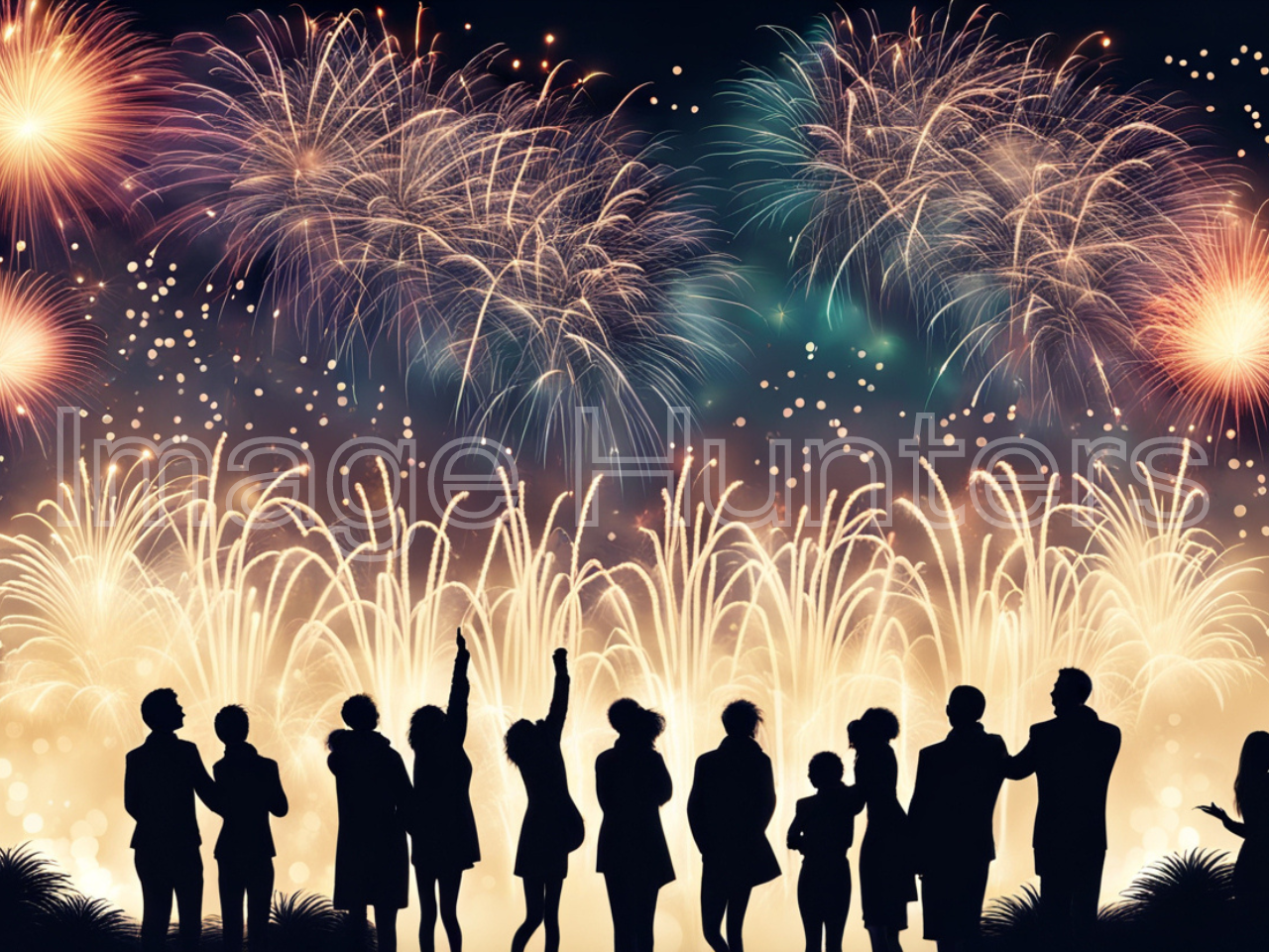 Vector illustration of New Year's fireworks with silhouettes of cheering people