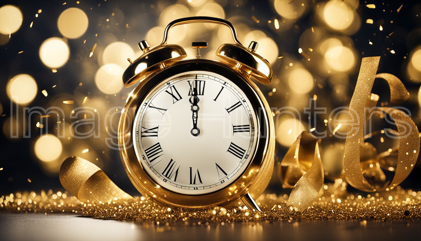 Midnight New Year countdown with elegant gold clock