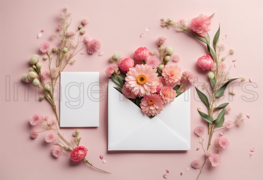 Envelope Adorned with Spring Floral Decor on Solid Background