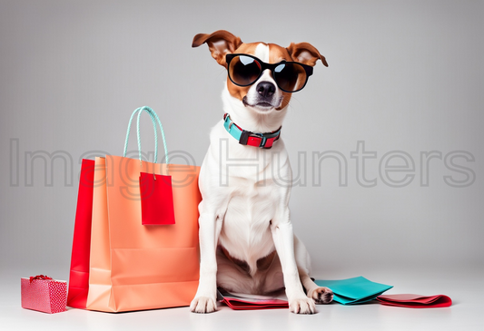 Dog with sunglasses and shopping bags