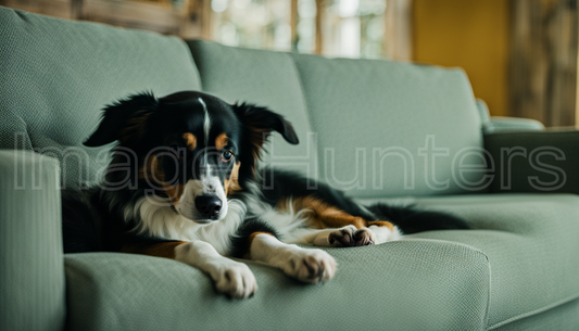 A black dog lounges comfortably on a sofa