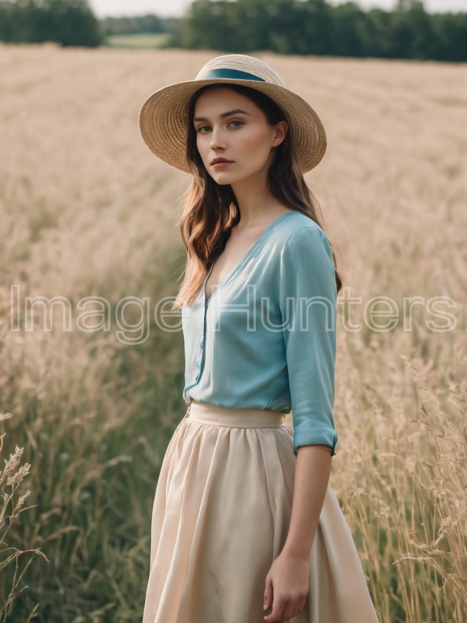 Girl stands in sunny field, wearing skirt and hat