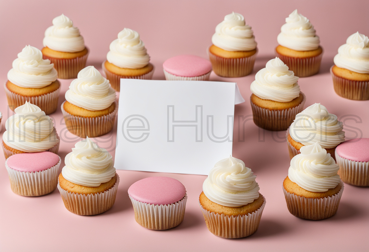 Delicious cupcakes encircle a blank note mockup