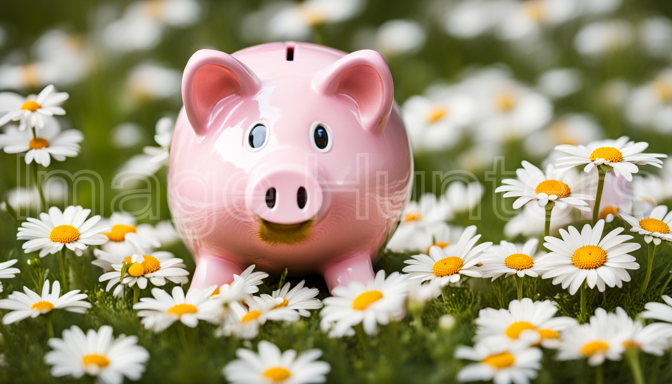 Piggy bank nestled among vibrant daisies