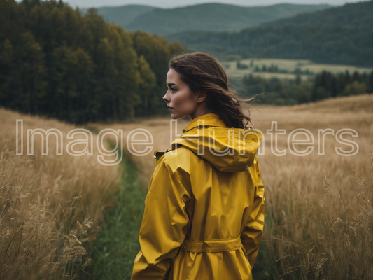 Girl in Yellow Raincoat Amidst Moody Fall Scenery