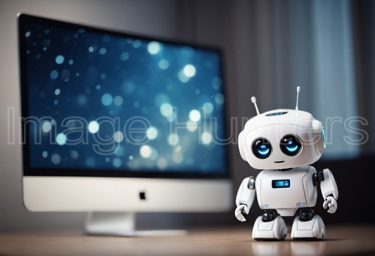 Adorable Robot Toy with Blurred Desktop Background