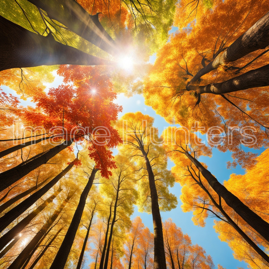 The vibrant beauty of fall with sunlit trees in this ground-to-sky aerial photography