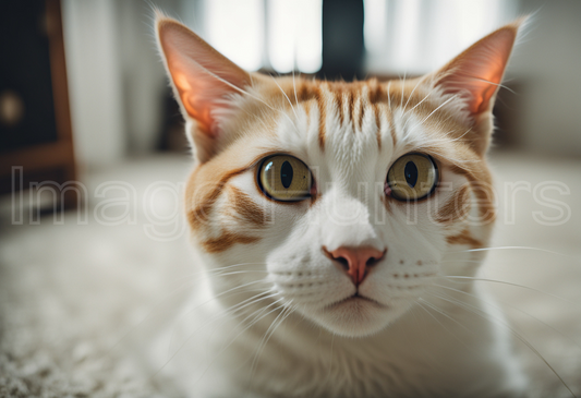 Close-up of a cat's face staring into the camera in a cozy room