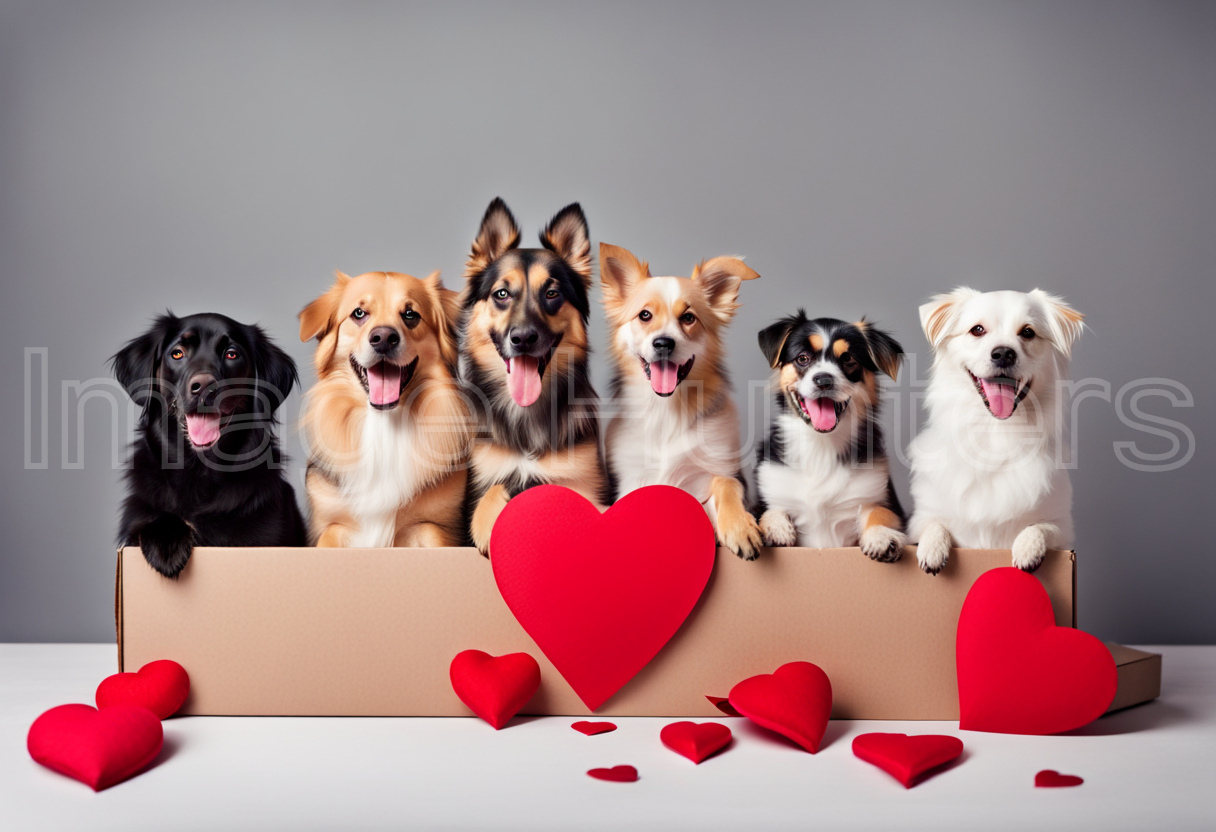 Dogs joyfully celebrate Valentine's Day on a box, surrounded by big red hearts and grey background