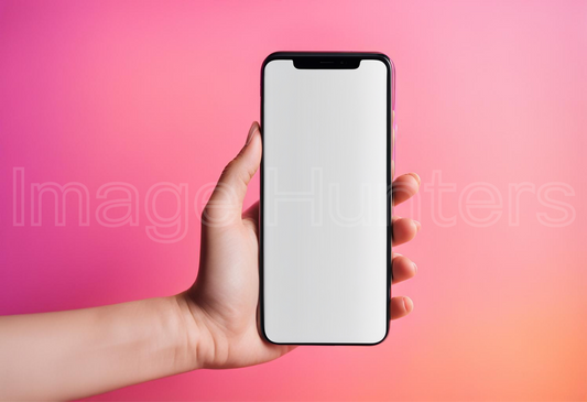 Woman Holding Smartphone with Blank Screen on pink background