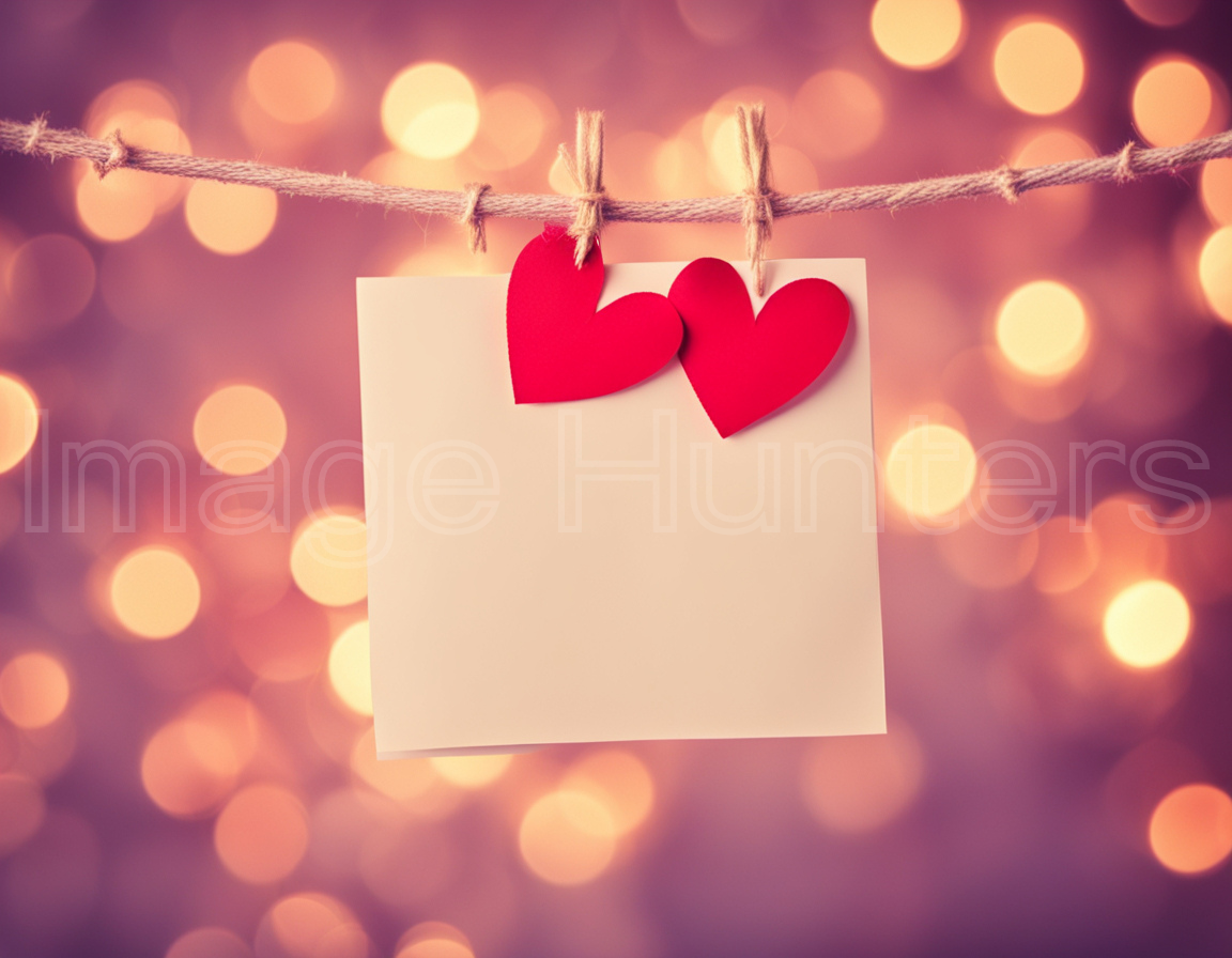 Empty Valentine card surrounded by soft bokeh lights