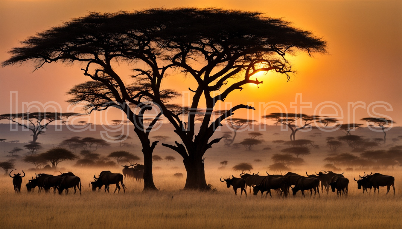 Wildebeests and Acacia in Tanzania's National Park