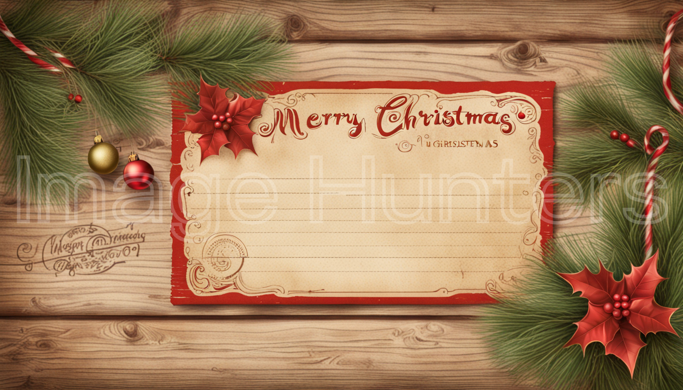 Vintage Christmas postcard on wooden background