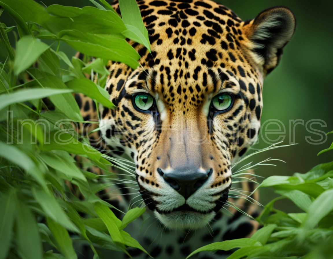 Jaguar with Green Eyes Stalking Prey Among Green Leaves