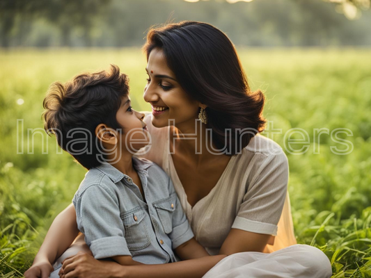 Indian Mom and Son Share Smiles on Grass Field