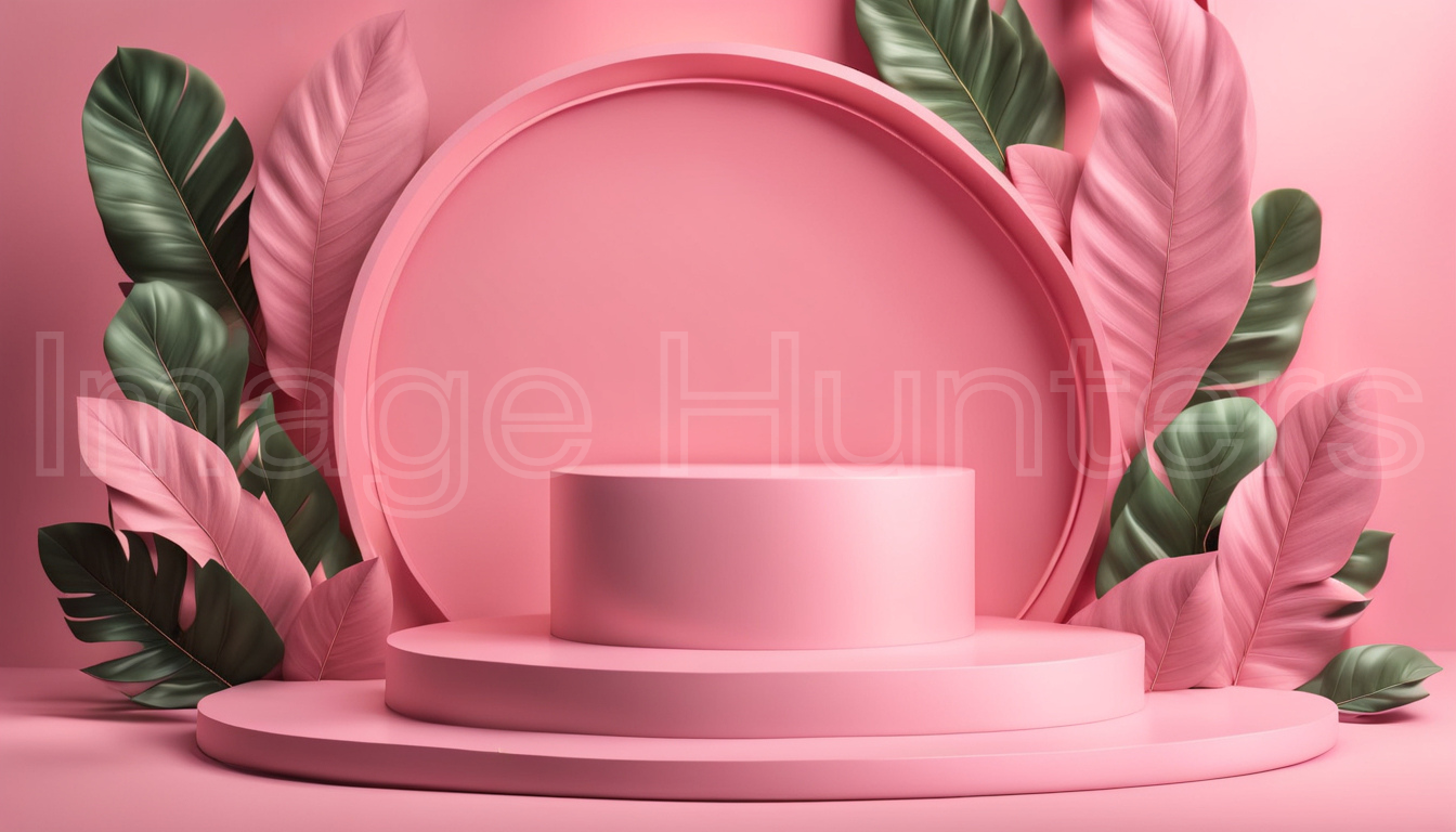 Pink Cylinder Stage Podium with Leaf Background