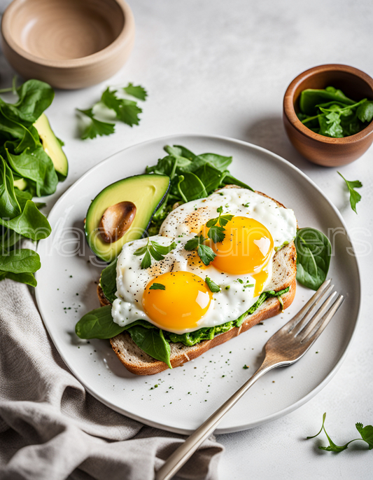 A delicious breakfast with perfectly fried eggs, ripe avocado, and fresh greens on a plate.