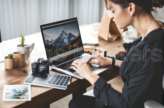 Photographer editing images with laptop and camera on desk